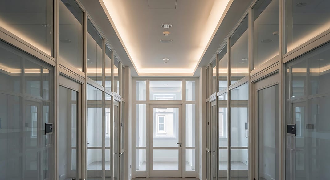 Innenansicht eines Bürogebäudes mit Glasflächen für gewerbliche Fensterreinigung